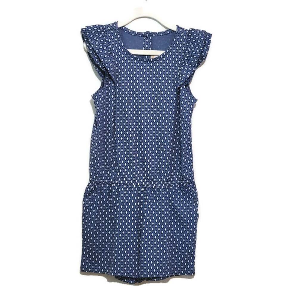 Gymboree Blue White Romper Diamond Print Short Sleeve Cotton Blend Girls Size 6